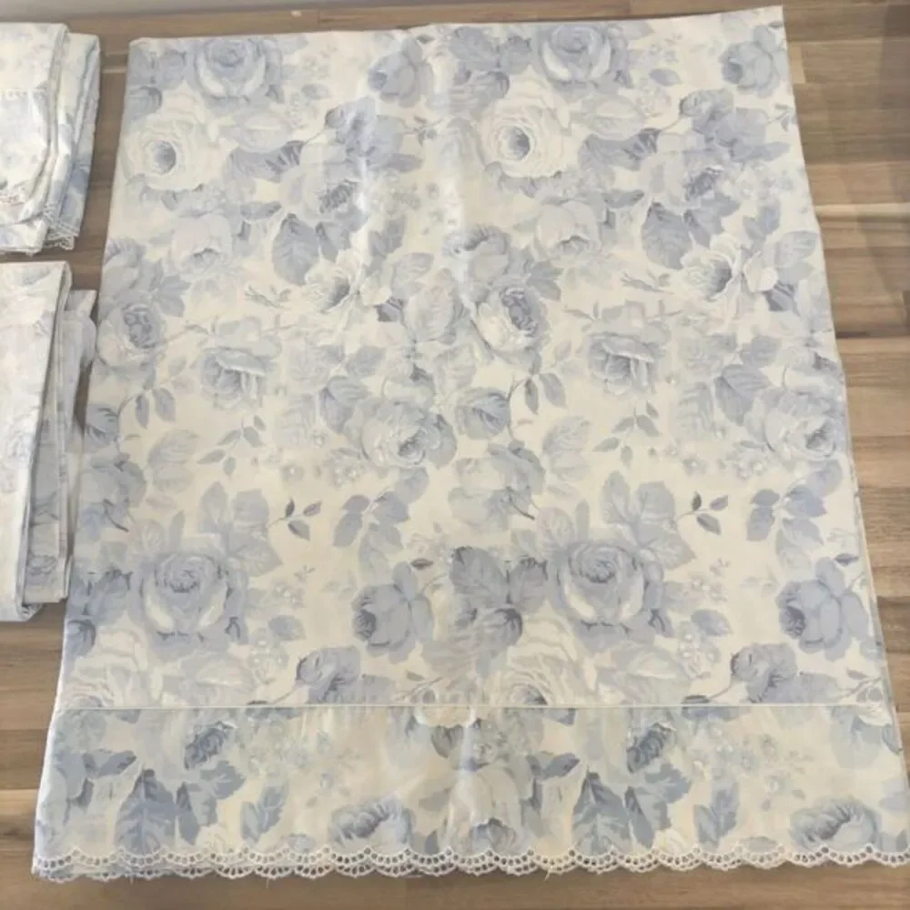 Rare Eileen West Martex Blue Peony Floral QUEEN Sheet Set 4PC‎ Eyelet Lace Trim